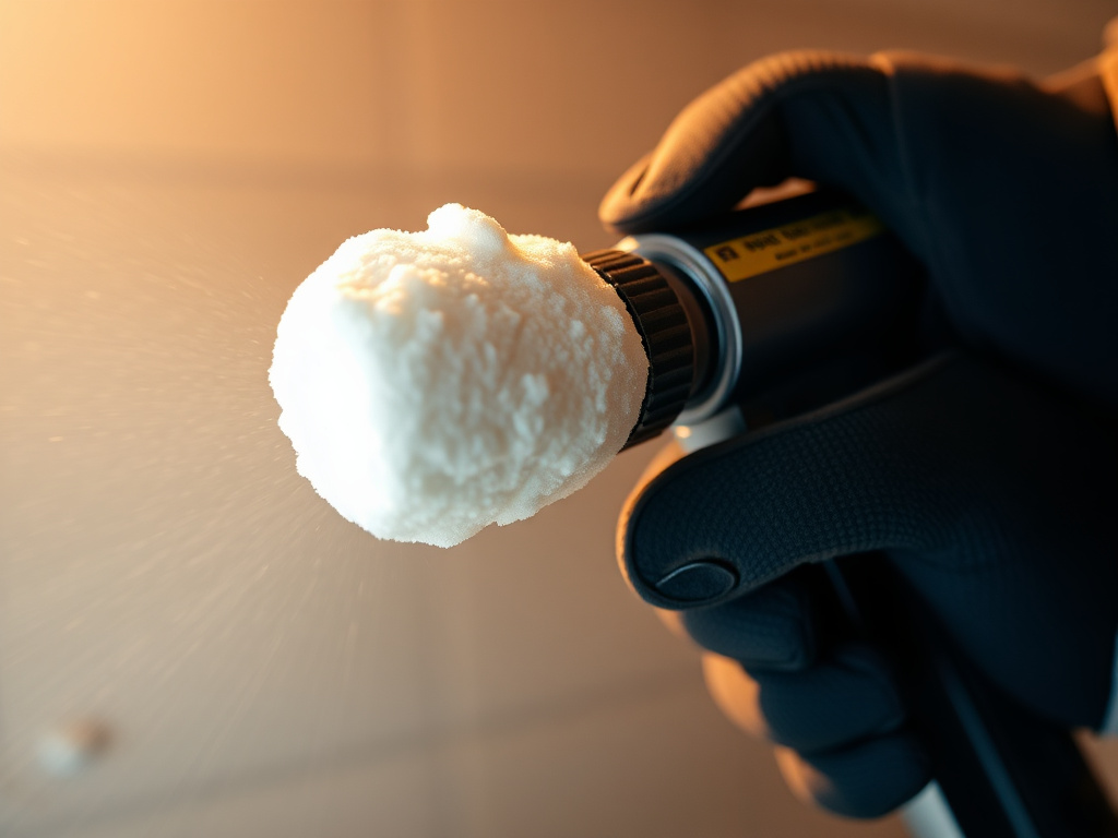 Close-up of a spray foam insulation gun applying cured foam texture