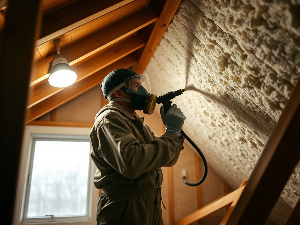 Technician spraying foam insulation onto an attic roof deck